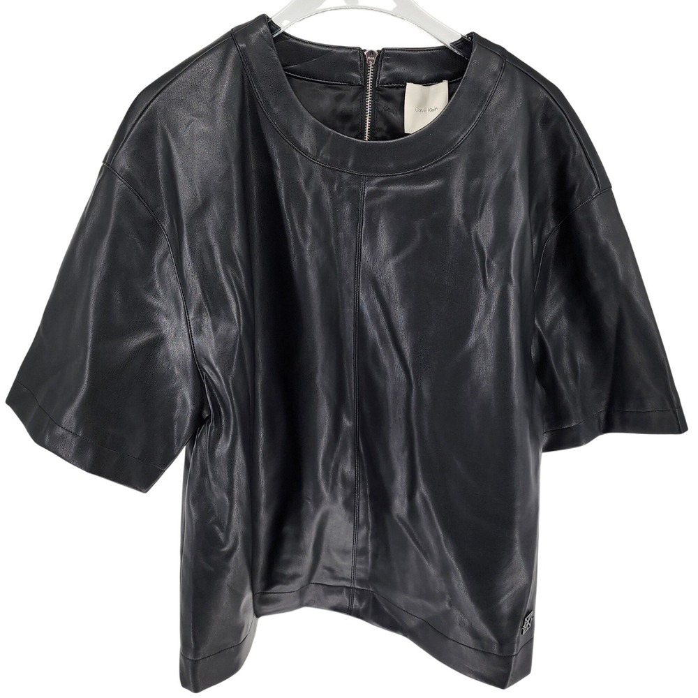 Calvin Klein Faux Leather Top Women Medium Black Excellent Short Sleeve Zip Back